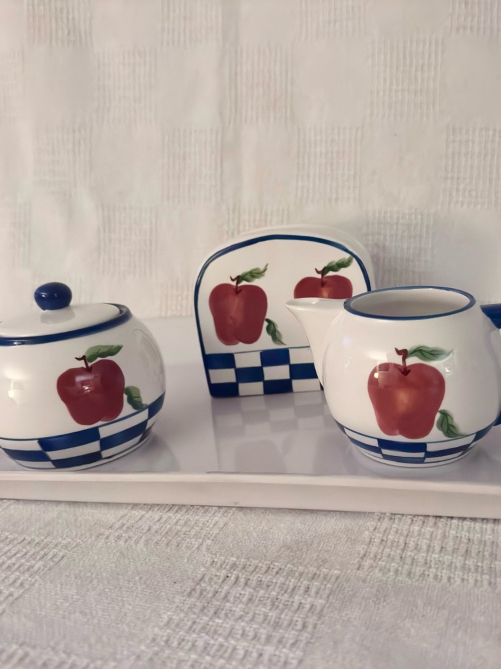 Apple Motif Ceramic Creamer & Sugar Set with Napkin Holder